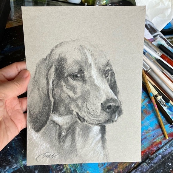 Other - Original Painting Beagle dog Art charcoal pastel Dogs artwork Ooak Artettina USA